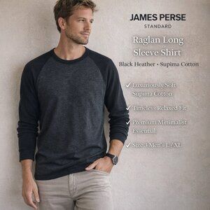 James Perse Standard Shirt Mens 3 Black Heather Raglan LS Supima Cotton